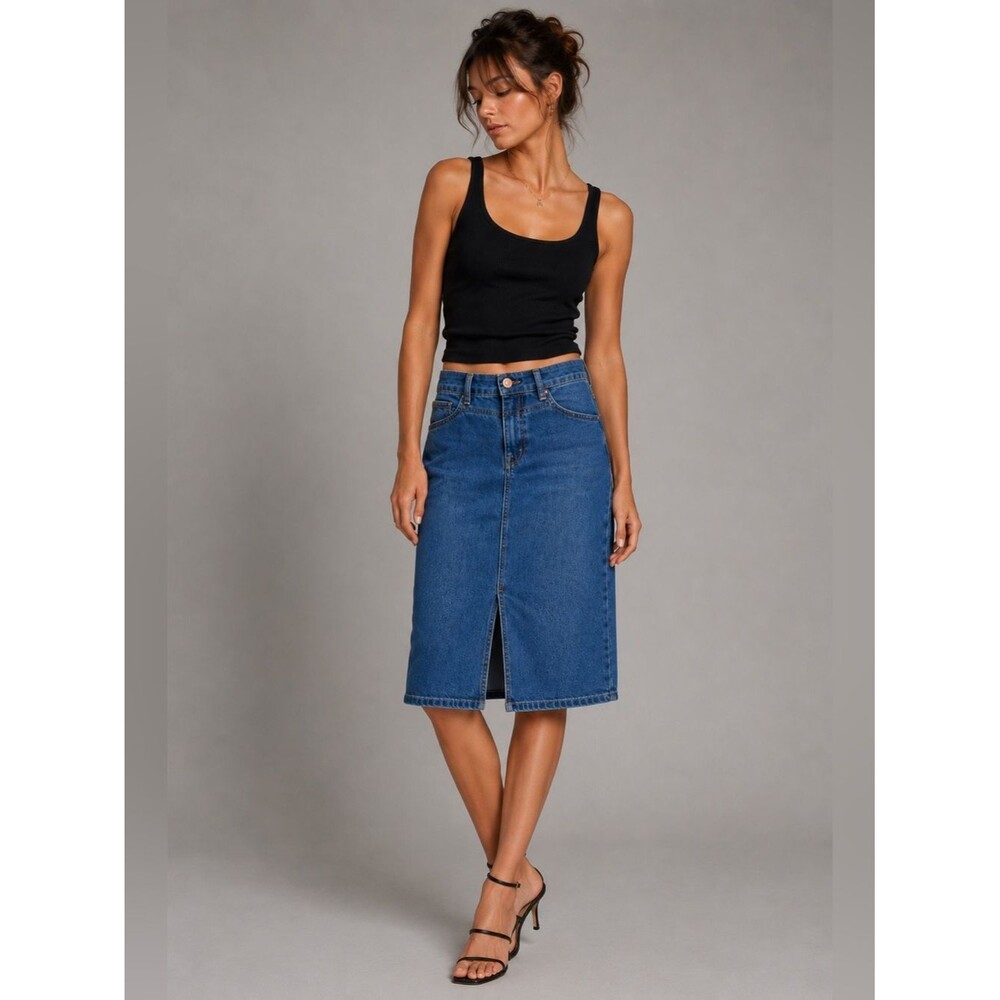 Edited x Hunter McGrady Denim Midi Skirt High Rise Front Slit Stretch Blue - 2